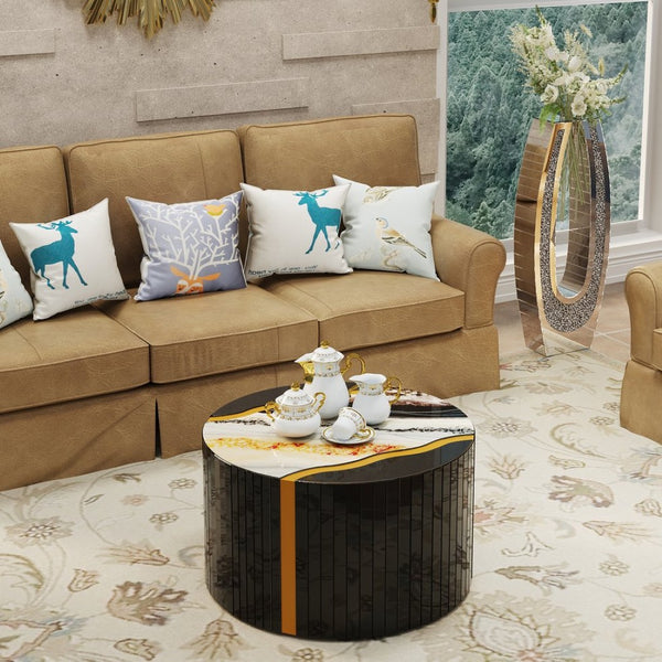 English Elm Black Round Mirrored Glass Coffee Table Gold Sunburst Glam Accent for Living Room Black W3836P382373