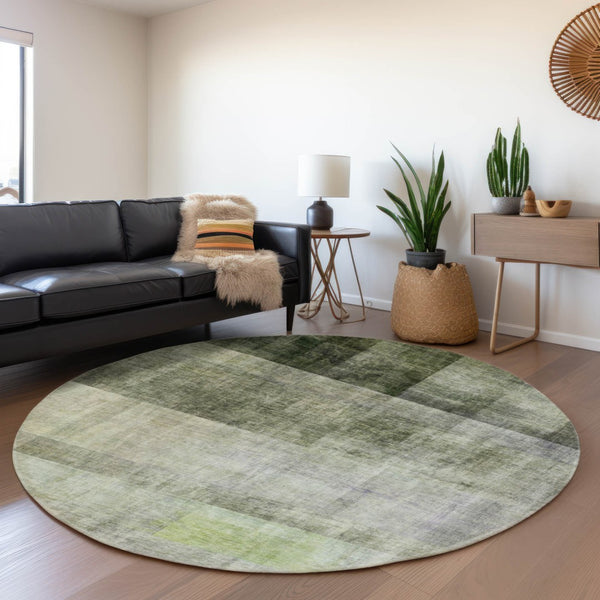 HomeRoots 8' Olive Green & Ivory Abstract Washable Round Rug - Stain-Resistant, UV Protected & Easy Care! 649639