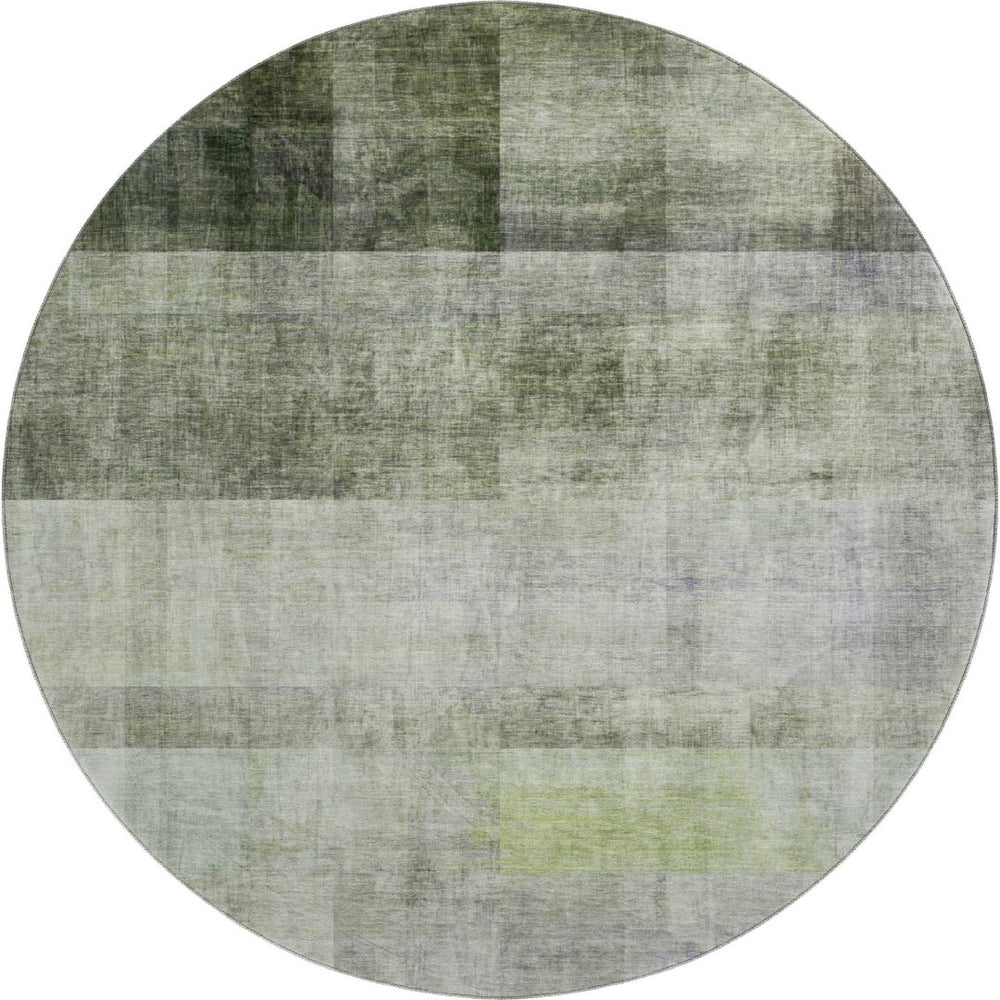 HomeRoots 8' Olive Green & Ivory Abstract Washable Round Rug - Stain-Resistant, UV Protected & Easy Care! 649639