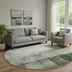 HomeRoots 8' Olive Green & Ivory Abstract Washable Round Rug - Stain-Resistant, UV Protected & Easy Care! 649639