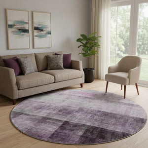 HomeRoots 8' Purple And Ivory Abstract Round Rug - Stylish, Washable, UV-Protected, Perfect for High-Traffic Homes 649645