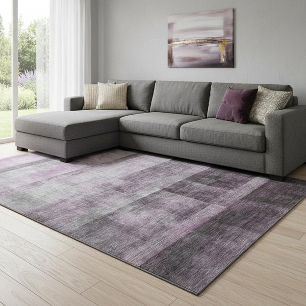 HomeRoots 9' X 12' Modern Purple and Ivory Abstract Area Rug - Washable, UV-Protected, Pet-Friendly Design 649647