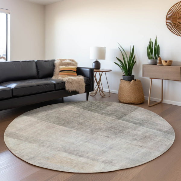 HomeRoots 8' Taupe And Ivory Abstract Washable Round Rug – Stylish, Durable, UV Protected for Modern Spaces 649651