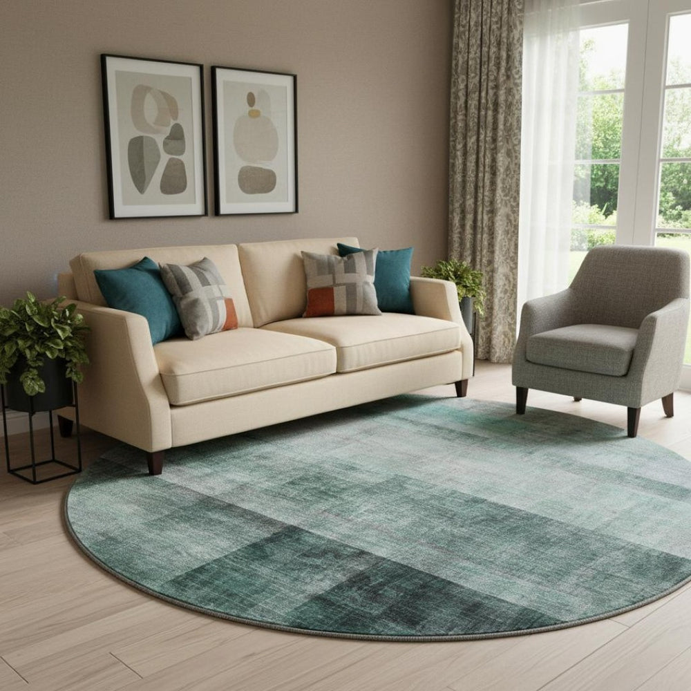 HomeRoots 8' Teal And Ivory Abstract Round Rug - Stylish, Washable, UV-Protected for High-Traffic Areas! 649657