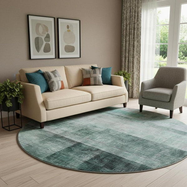 HomeRoots 8' Teal And Ivory Abstract Round Rug - Stylish, Washable, UV-Protected for High-Traffic Areas! 649657