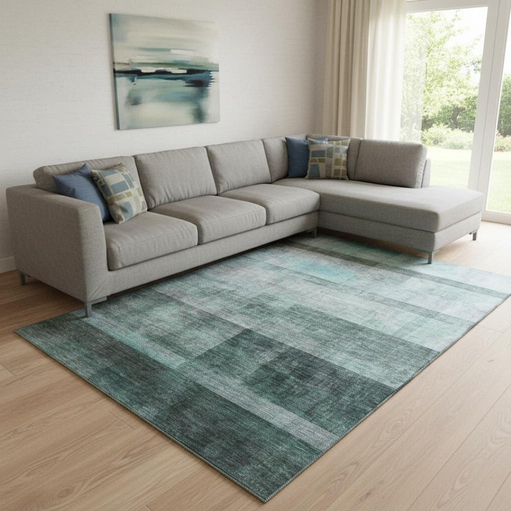 HomeRoots 9' X 12' Teal And Ivory Abstract Area Rug - Washable, UV-Protected, Durable, Perfect for High-Traffic Spaces 649659