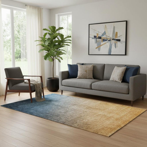 HomeRoots 5' X 8' Navy Blue to Orange Ombre Area Rug - Washable, UV-Protected, Durable for High-Traffic Spaces 649674