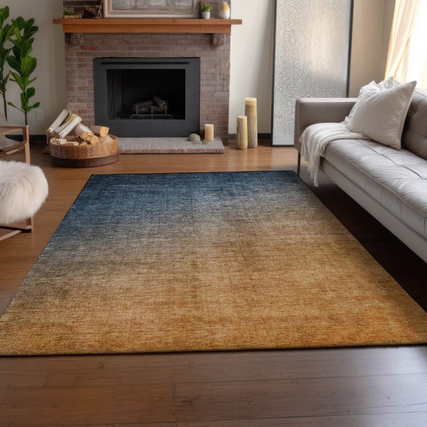 HomeRoots 5' X 8' Navy Blue to Orange Ombre Area Rug - Washable, UV-Protected, Durable for High-Traffic Spaces 649674