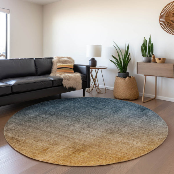 HomeRoots 8' Navy Blue to Orange Ombre Round Rug – UV Protected, Washable, Durable, Perfect for Any Space! 649675