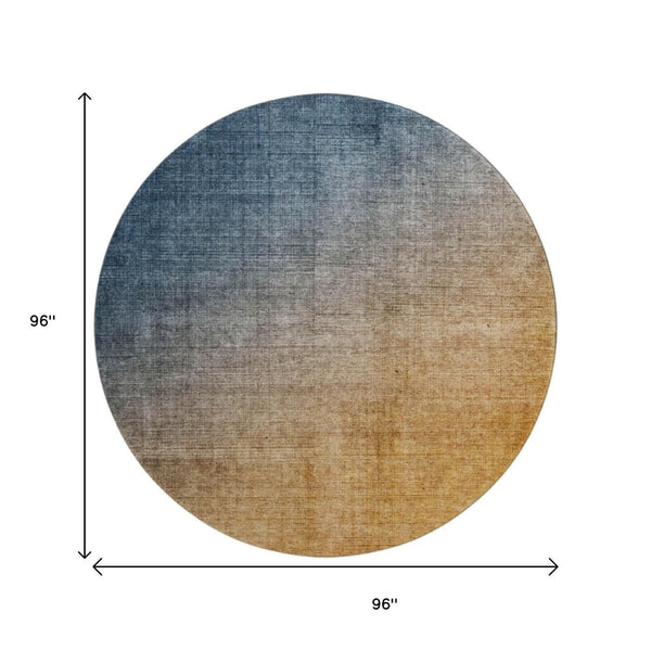 HomeRoots 8' Navy Blue to Orange Ombre Round Rug – UV Protected, Washable, Durable, Perfect for Any Space! 649675