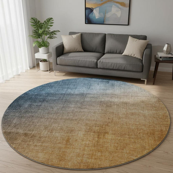 HomeRoots 8' Navy Blue to Orange Ombre Round Rug – UV Protected, Washable, Durable, Perfect for Any Space! 649675
