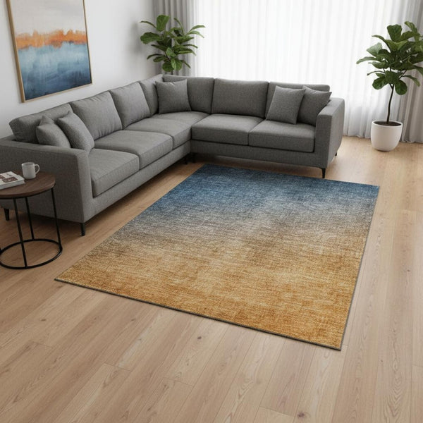 HomeRoots 10' X 14' Navy Blue and Orange Ombre Area Rug - Stylish, Washable, UV-Protected for Modern Spaces 649678