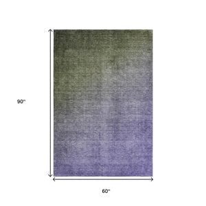 HomeRoots 5' X 8' Olive Green to Purple Ombre Area Rug - Durable, Washable, UV-Protected for Modern Spaces! 649680