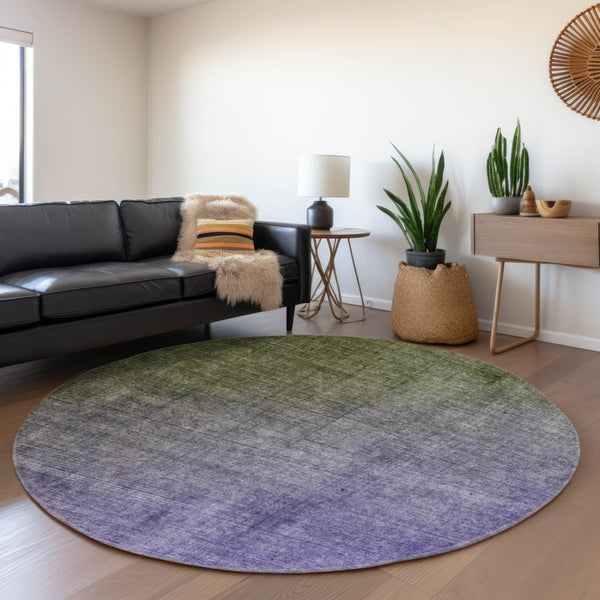 HomeRoots 8' Olive Green to Purple Ombre Round Rug - Stylish, Washable, UV-Protected for Modern Living Spaces 649681