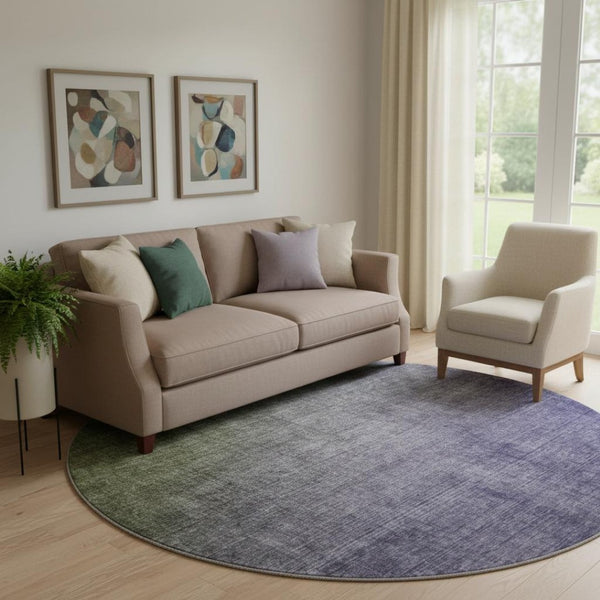 HomeRoots 8' Olive Green to Purple Ombre Round Rug - Stylish, Washable, UV-Protected for Modern Living Spaces 649681
