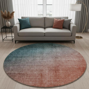 HomeRoots 8' Teal and Rust Ombre Round Rug - Washable, UV-Protected, Modern Design for High-Traffic Areas 649687