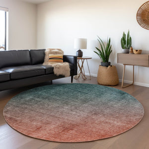 HomeRoots 8' Teal and Rust Ombre Round Rug - Washable, UV-Protected, Modern Design for High-Traffic Areas 649687