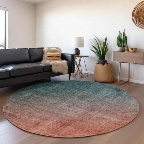 HomeRoots 8' Teal and Rust Ombre Round Rug - Washable, UV-Protected, Modern Design for High-Traffic Areas 649687