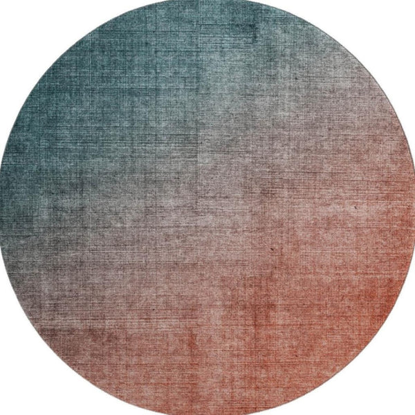 HomeRoots 8' Teal and Rust Ombre Round Rug - Washable, UV-Protected, Modern Design for High-Traffic Areas 649687