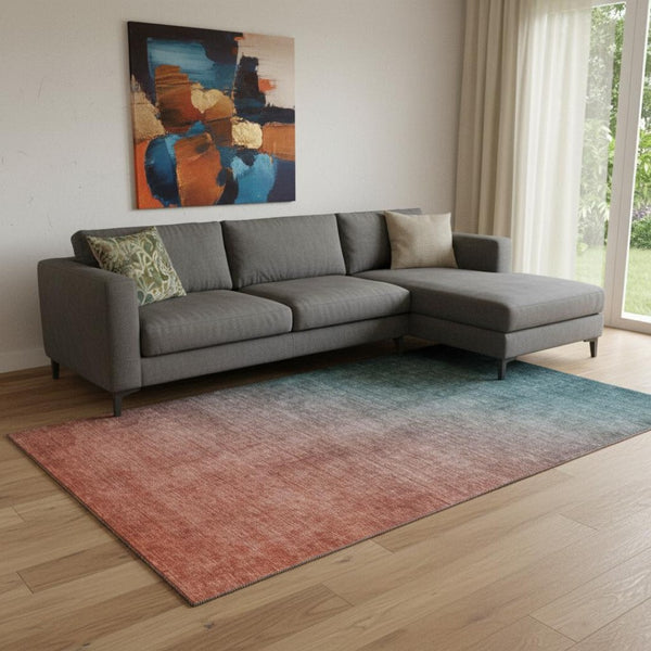 HomeRoots 8' X 10' Teal to Rust Ombre Washable Area Rug - UV Protected, Stain-Resistant, Ideal for High-Traffic Spaces 649688