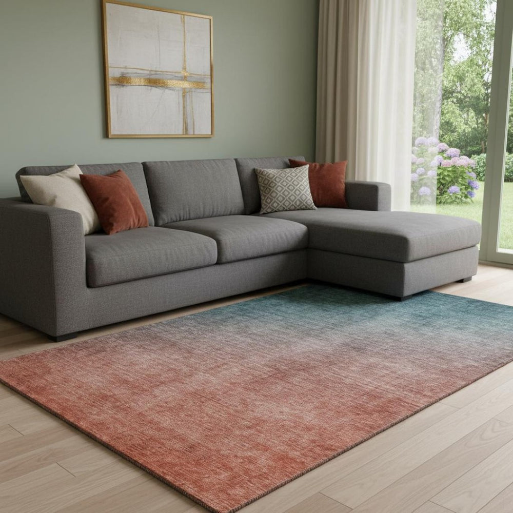 HomeRoots 10' X 14' Teal and Rust Ombre Area Rug - Stylish, Washable, UV-Protected, Perfect for Family Spaces! 649690