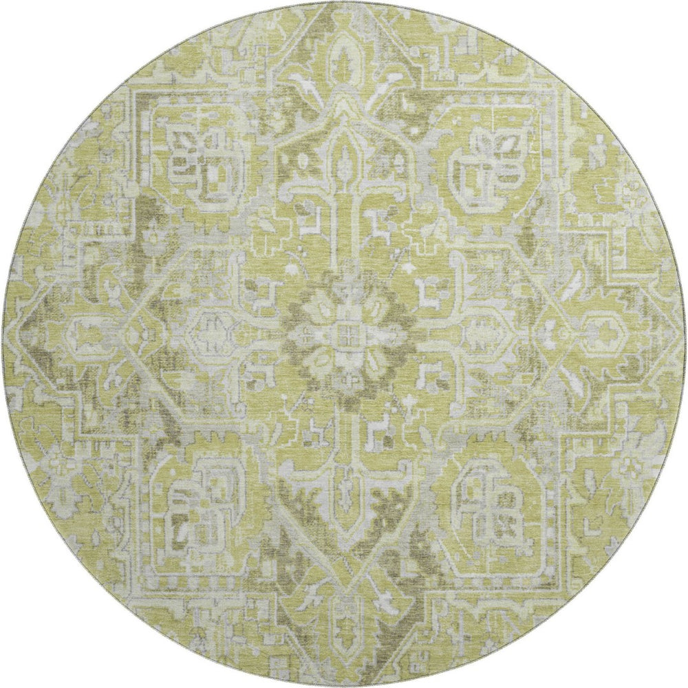 HomeRoots 8' Fern Green & Ivory Oriental Round Rug - Washable, UV Protected, Stain Resistant - Ideal for Homes 649693