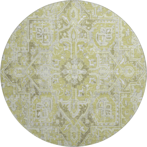HomeRoots 8' Fern Green & Ivory Oriental Round Rug - Washable, UV Protected, Stain Resistant - Ideal for Homes 649693