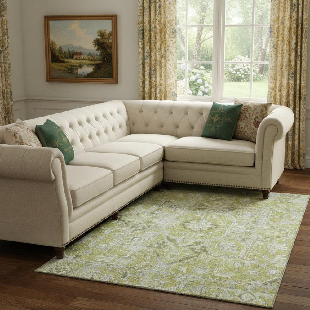 HomeRoots 9' X 12' Elegant Fern Green & Ivory Oriental Area Rug - Washable, Stain Resistant & UV Protected 649695