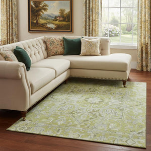 HomeRoots 10' X 14' Fern Green and Ivory Oriental Area Rug – Washable, UV Protected, Stain Resistant Elegance 649696