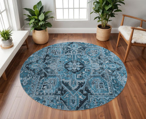 HomeRoots 8' Blue And Ivory Oriental Round Rug – Washable, UV Protected, Durable & Family-Friendly Design! 649699