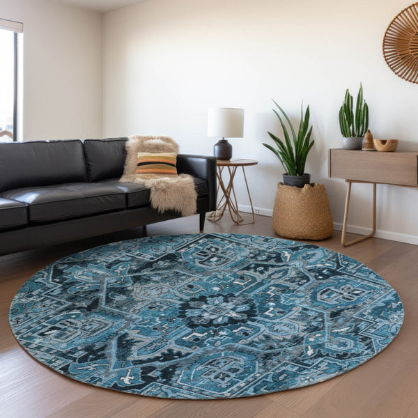 HomeRoots 8' Blue And Ivory Oriental Round Rug – Washable, UV Protected, Durable & Family-Friendly Design! 649699
