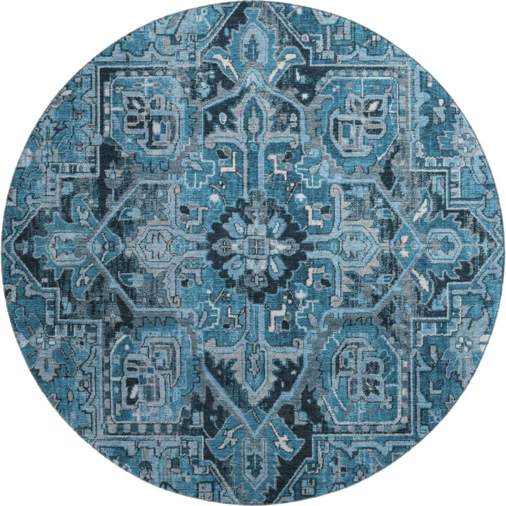 HomeRoots 8' Blue And Ivory Oriental Round Rug – Washable, UV Protected, Durable & Family-Friendly Design! 649699