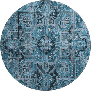 HomeRoots 8' Blue And Ivory Oriental Round Rug – Washable, UV Protected, Durable & Family-Friendly Design! 649699