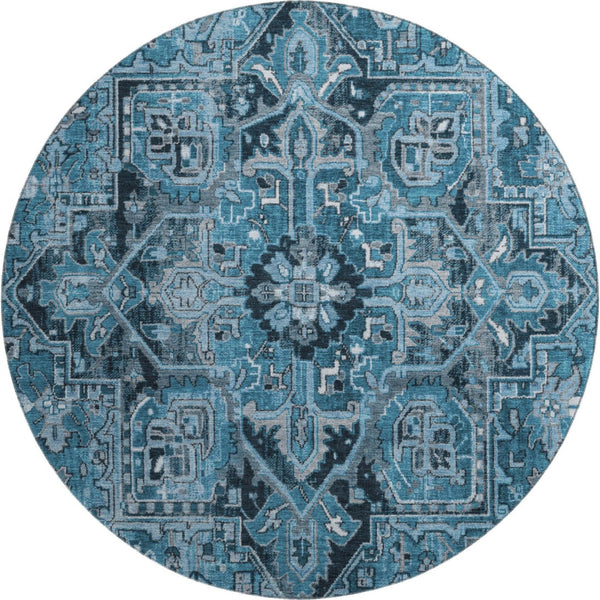 HomeRoots 8' Blue And Ivory Oriental Round Rug – Washable, UV Protected, Durable & Family-Friendly Design! 649699