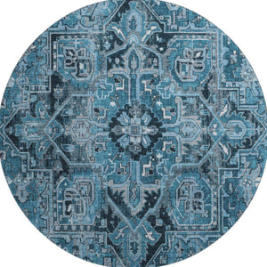 HomeRoots 8' Blue And Ivory Oriental Round Rug – Washable, UV Protected, Durable & Family-Friendly Design! 649699