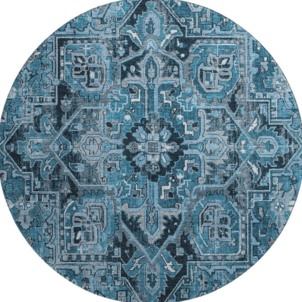 HomeRoots 8' Blue And Ivory Oriental Round Rug – Washable, UV Protected, Durable & Family-Friendly Design! 649699