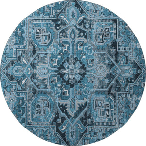 HomeRoots 8' Blue And Ivory Oriental Round Rug – Washable, UV Protected, Durable & Family-Friendly Design! 649699