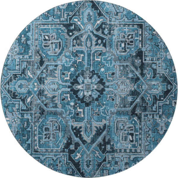 HomeRoots 8' Blue And Ivory Oriental Round Rug – Washable, UV Protected, Durable & Family-Friendly Design! 649699