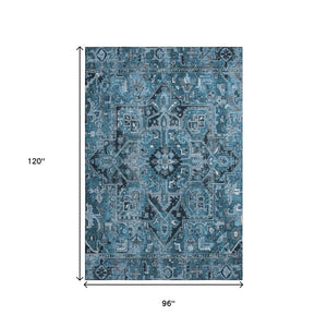 HomeRoots 8' X 10' Washable Blue and Ivory Oriental Area Rug with UV Protection for High-Traffic Homes 649700