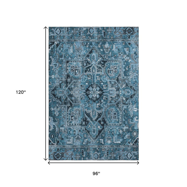 HomeRoots 8' X 10' Washable Blue and Ivory Oriental Area Rug with UV Protection for High-Traffic Homes 649700
