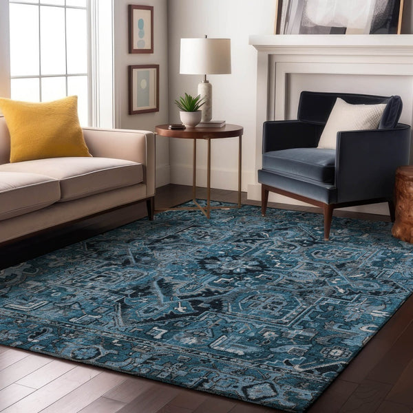 HomeRoots 8' X 10' Washable Blue and Ivory Oriental Area Rug with UV Protection for High-Traffic Homes 649700