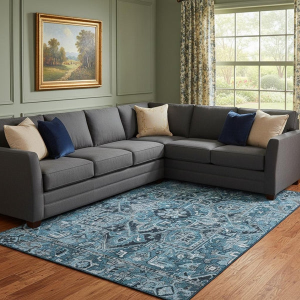 HomeRoots 8' X 10' Washable Blue and Ivory Oriental Area Rug with UV Protection for High-Traffic Homes 649700