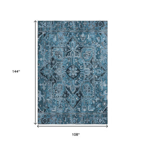 HomeRoots 9' X 12' Blue and Ivory Oriental Area Rug - Washable, Stain Resistant, UV Protected for Every Room! 649701
