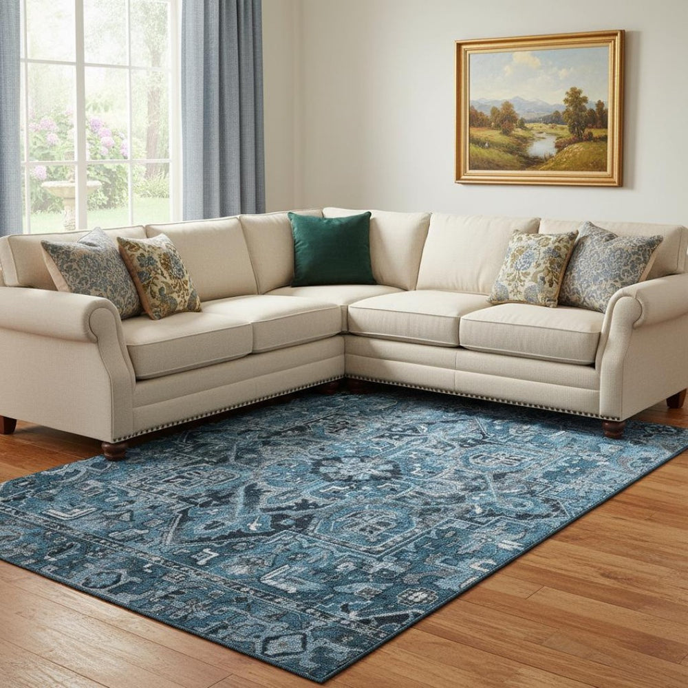 HomeRoots 9' X 12' Blue and Ivory Oriental Area Rug - Washable, Stain Resistant, UV Protected for Every Room! 649701