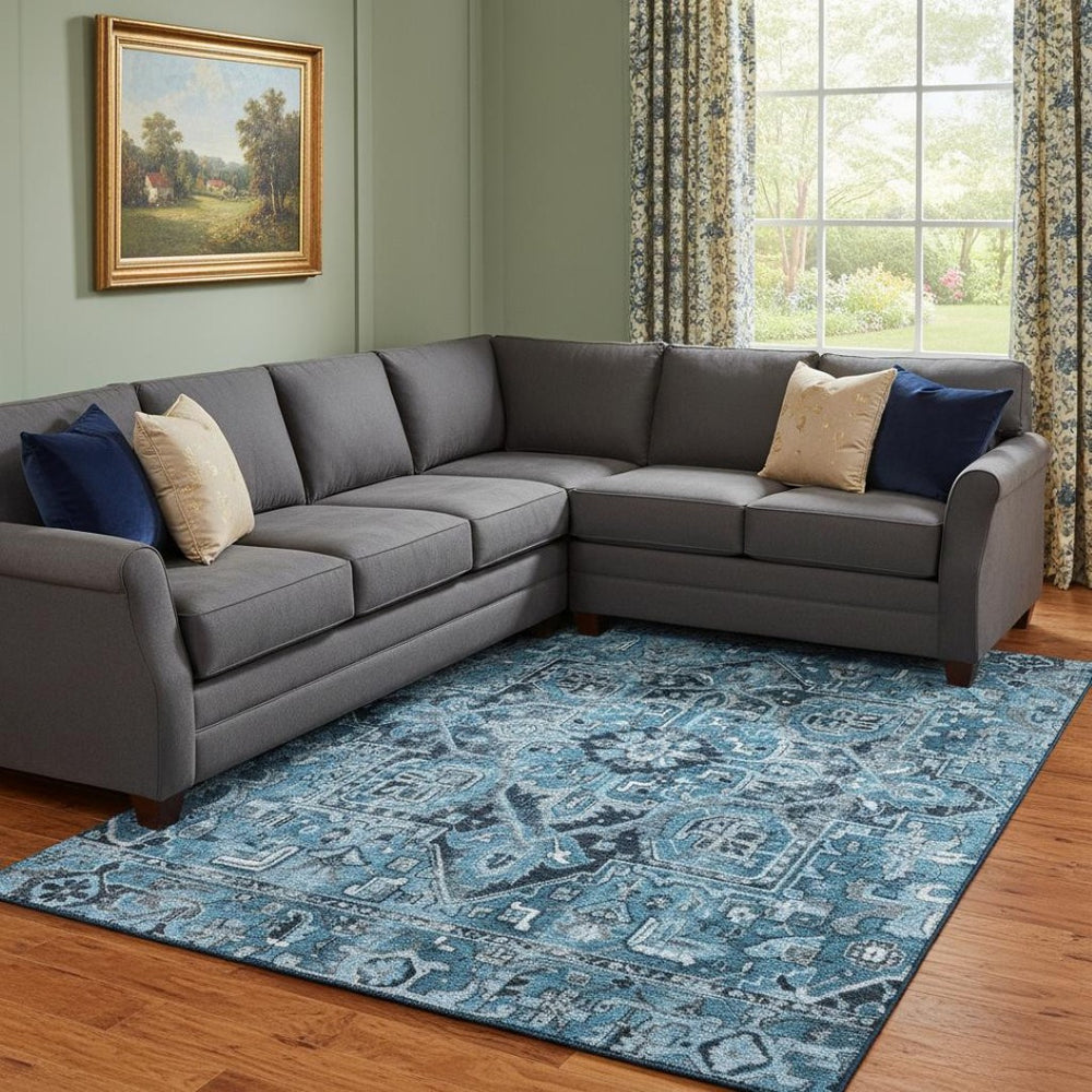 HomeRoots 10' Blue and Ivory Oriental Area Rug – Washable, UV-Protected, Durable Design for High-Traffic Areas 649702