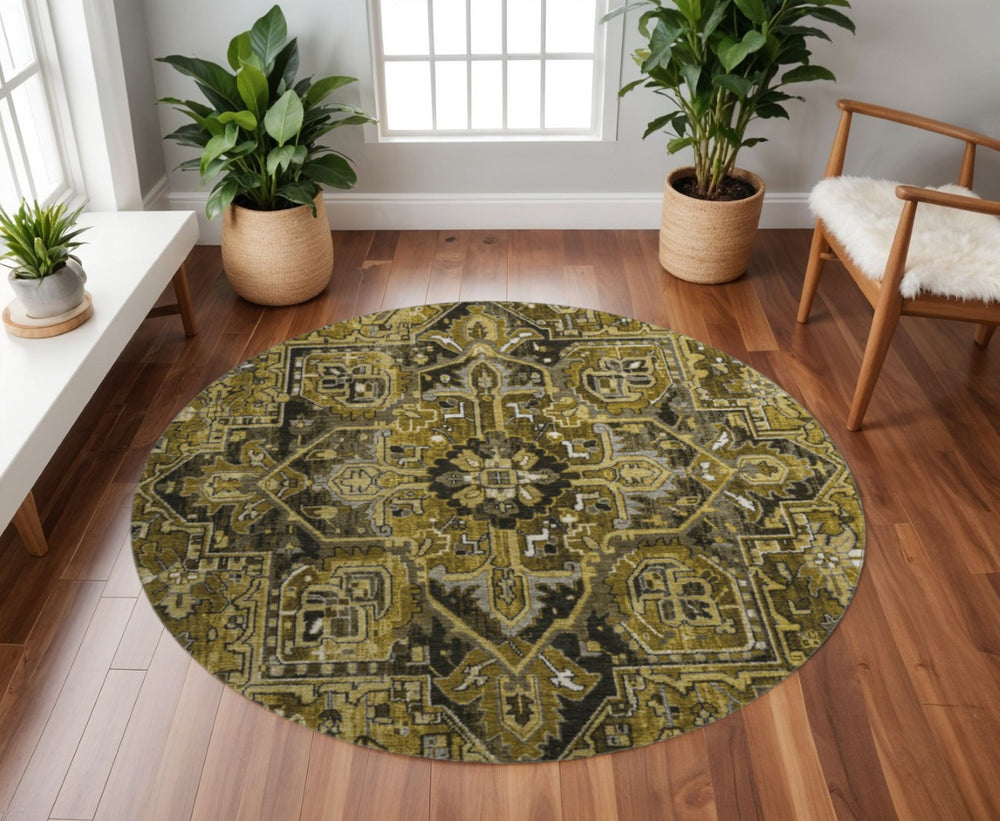 HomeRoots 8' Brown Gray Ivory Oriental Round Rug – Washable, UV Protected, Stylish & Durable for Busy Homes 649705