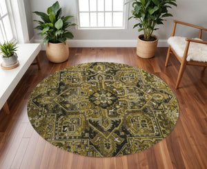 HomeRoots 8' Brown Gray Ivory Oriental Round Rug – Washable, UV Protected, Stylish & Durable for Busy Homes 649705