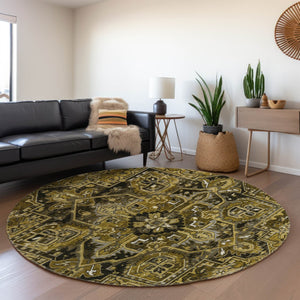 HomeRoots 8' Brown Gray Ivory Oriental Round Rug – Washable, UV Protected, Stylish & Durable for Busy Homes 649705