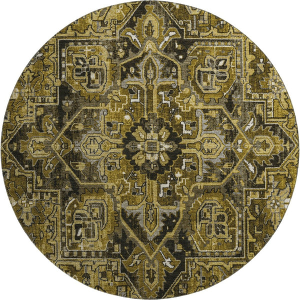 HomeRoots 8' Brown Gray Ivory Oriental Round Rug – Washable, UV Protected, Stylish & Durable for Busy Homes 649705