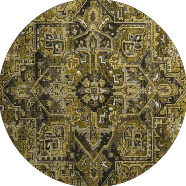 HomeRoots 8' Brown Gray Ivory Oriental Round Rug – Washable, UV Protected, Stylish & Durable for Busy Homes 649705